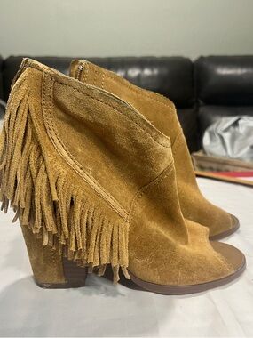 Leather Fringe Boho western Block Heel Booties Gianni Bini